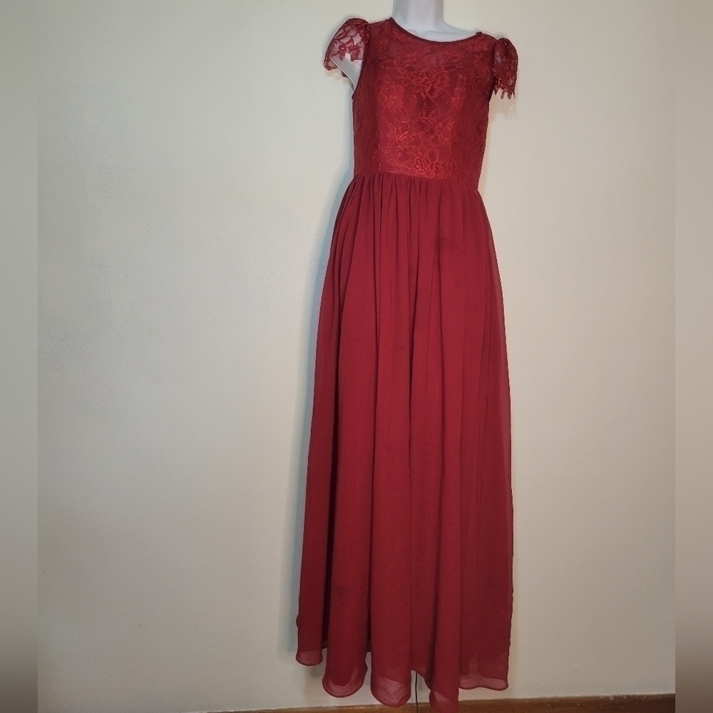Jj's house burgundy a-line scoop floor length formal dress